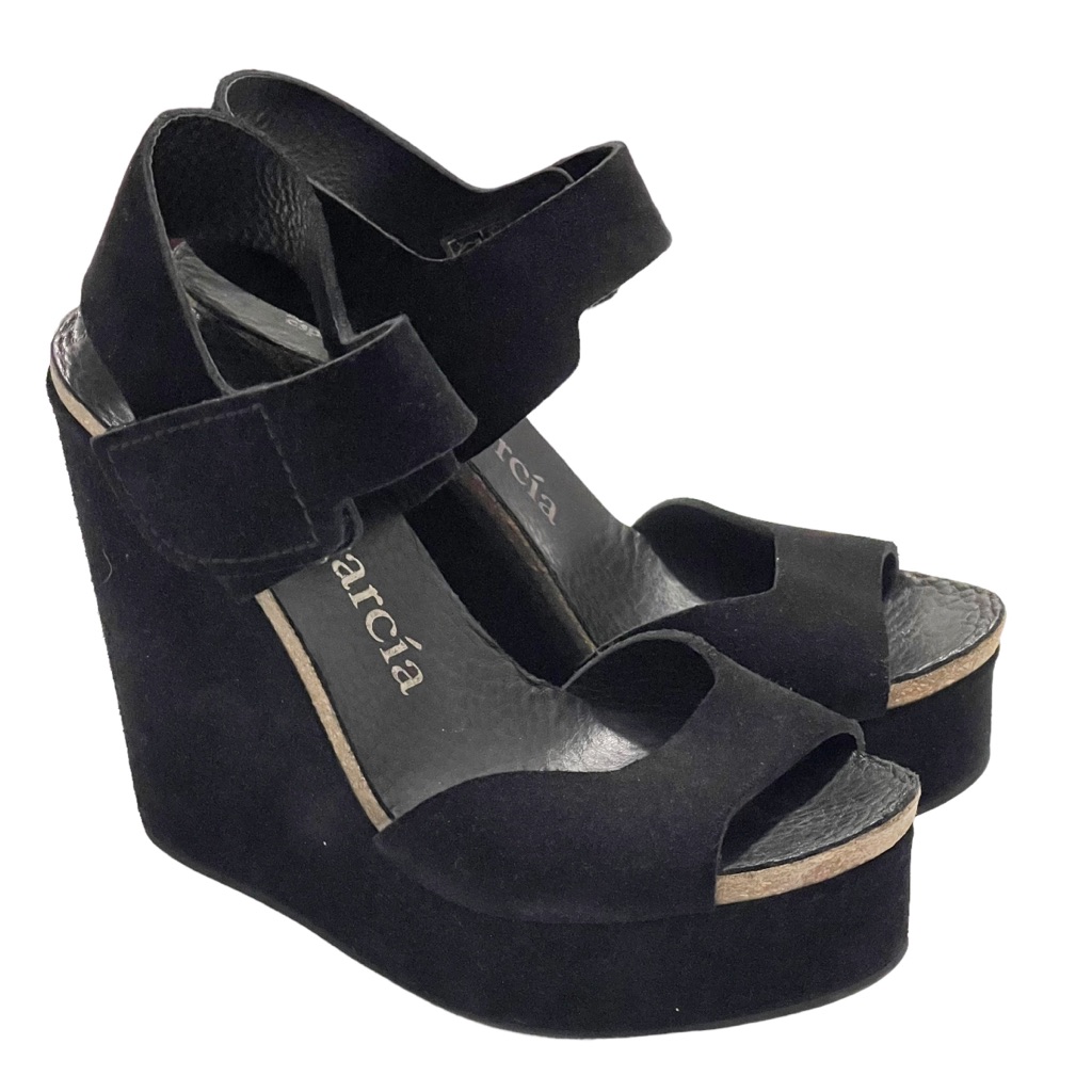 Pedro Garcia Black Suede Slingback Platform Wedge Sandal Size 7.5